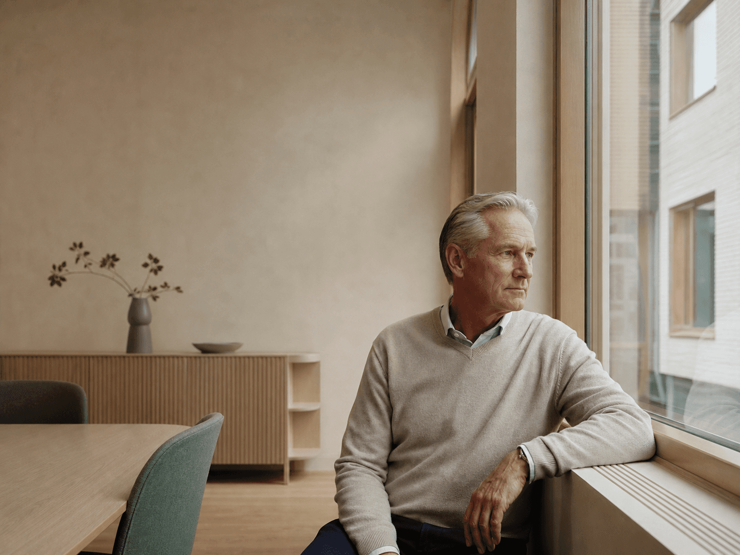 Senior ledare reflekterar vid ett fönster efter ett möte