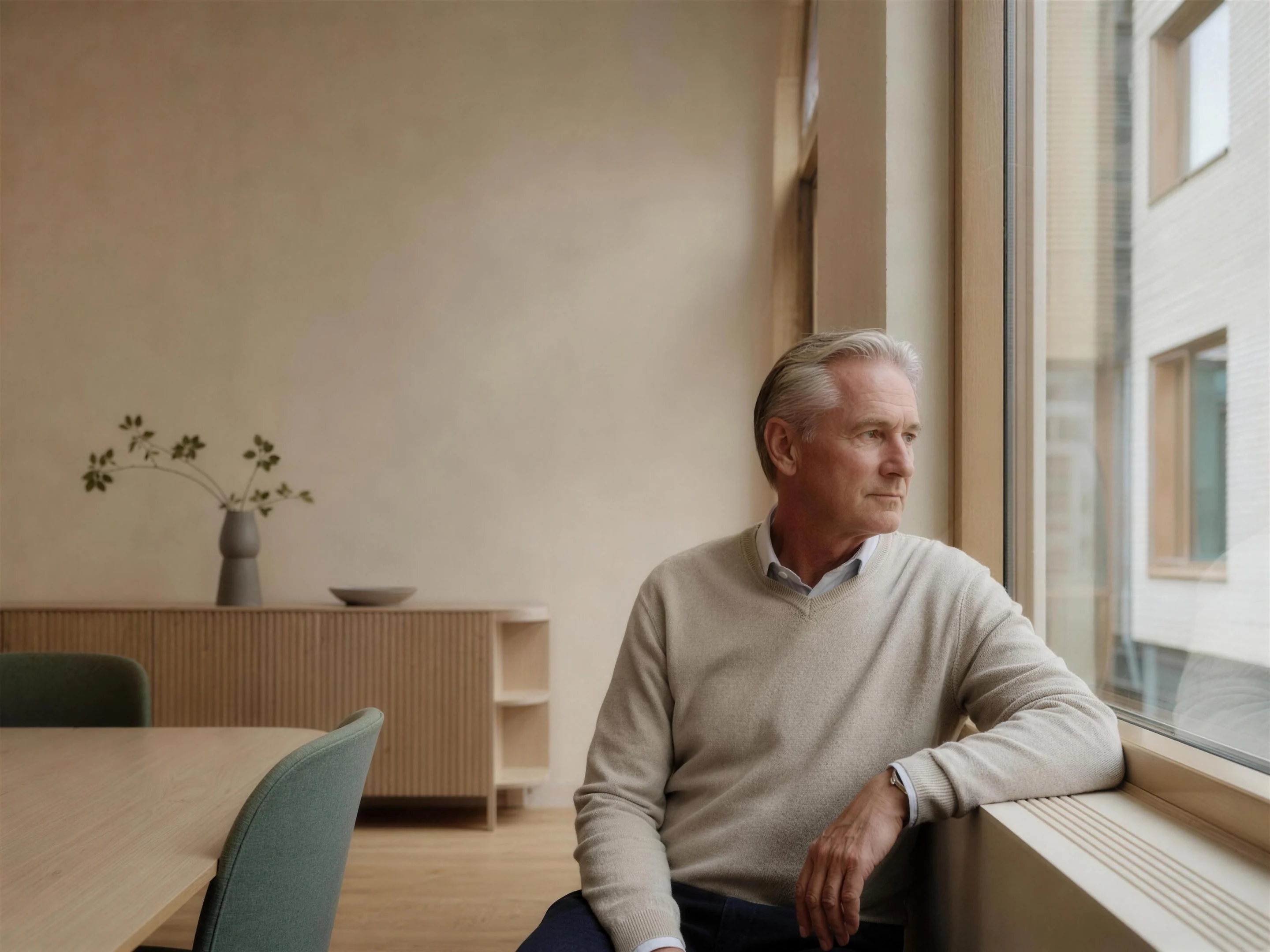 En vd vid ett fönster i ett ljust kontor
